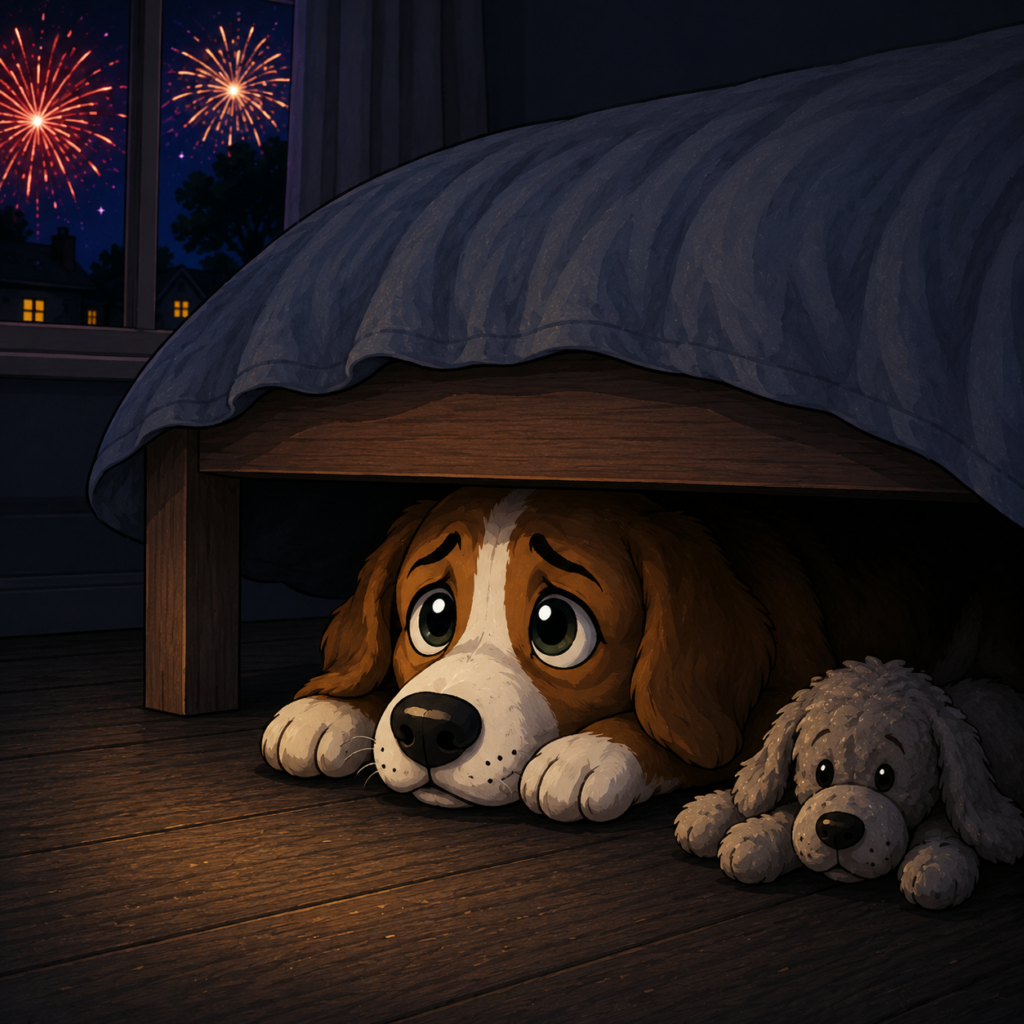 Scared dog hiding under a bed during fireworks while bright explosions light up the night outside the window.