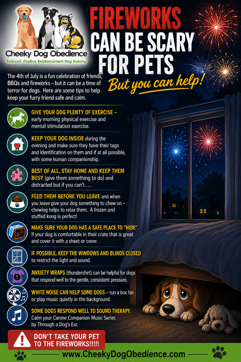 Scared dog hiding under a bed during fireworks while bright explosions light up the night outside the window.