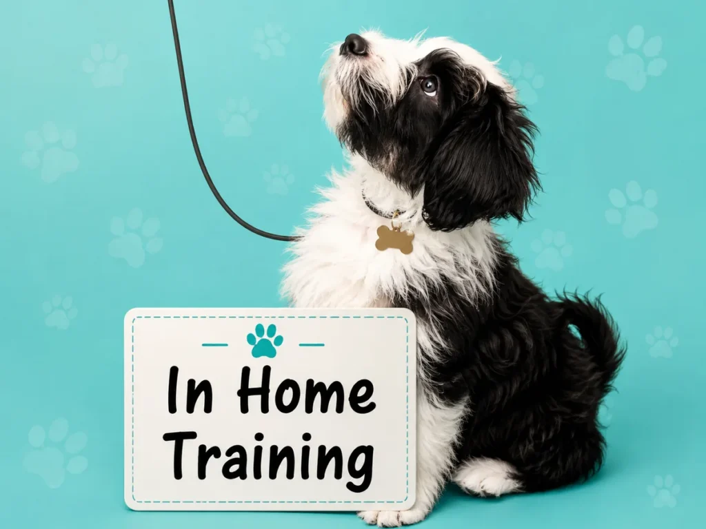 Black-and-white dog sitting beside an “In Home Training” sign for Cheeky Dog Obedience.