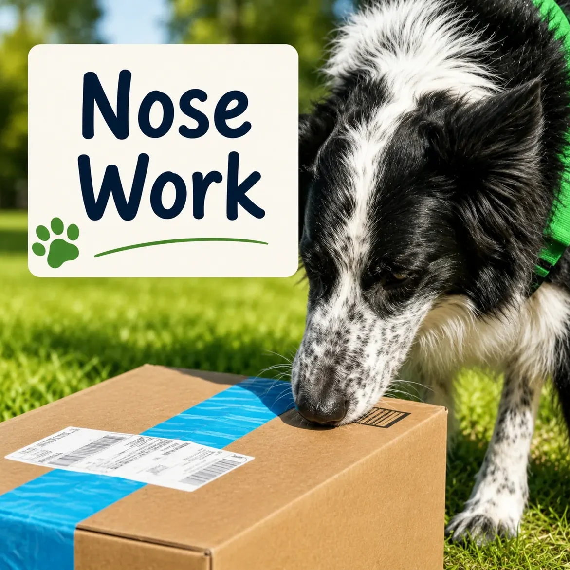 Black-and-white dog using its nose to investigate a cardboard box during a Cheeky Dog Obedience nose work exercise.