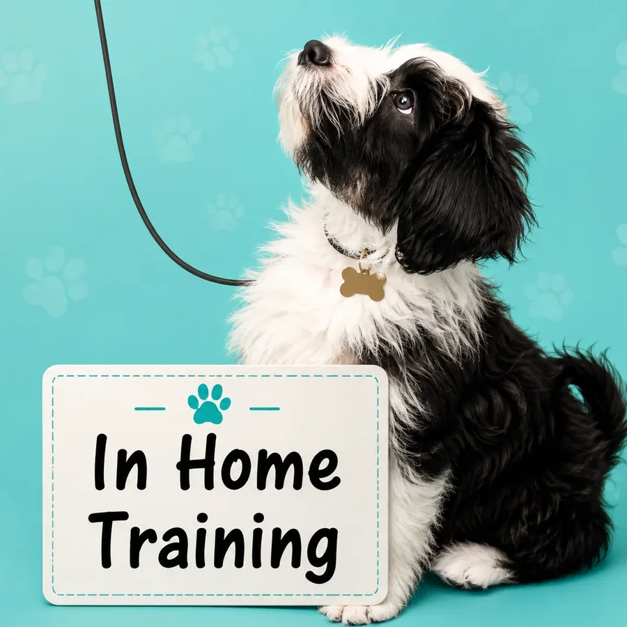 Black-and-white dog sitting beside an “In Home Training” sign for Cheeky Dog Obedience.